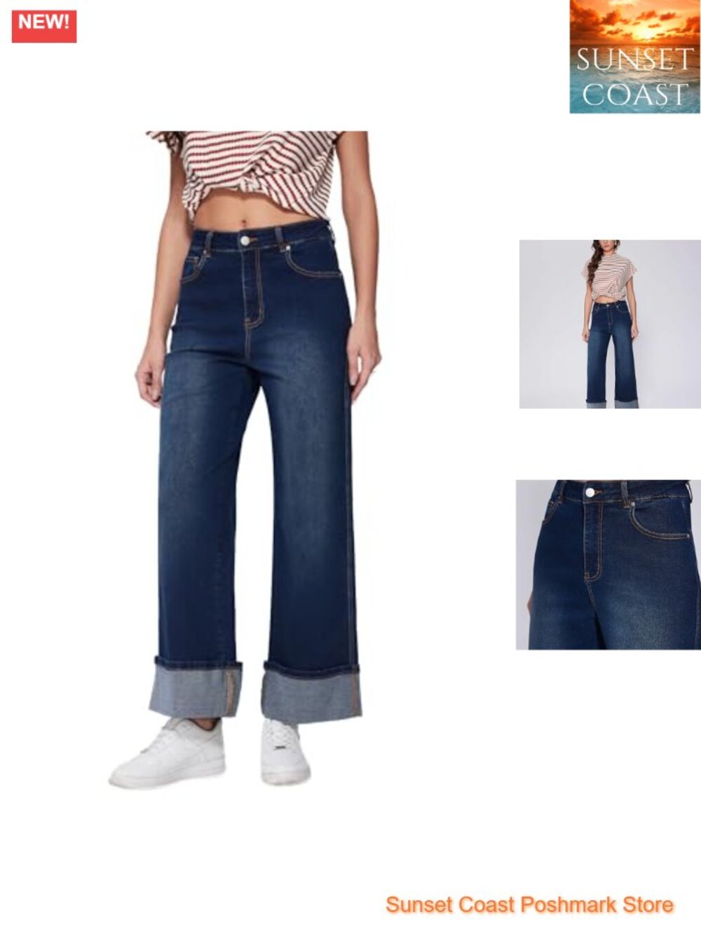 Womens Wide Leg Baggy Jeans Stretchy Folded Hem Cuffed Boyfriend Denim Pants